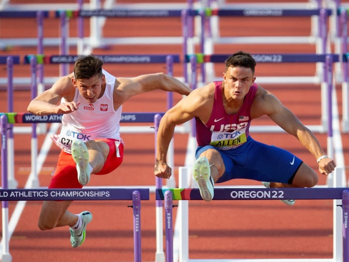 Devon Allen runs on the men’s 110 hurdles during day three of the World Athletics Championships at Hayward Field.